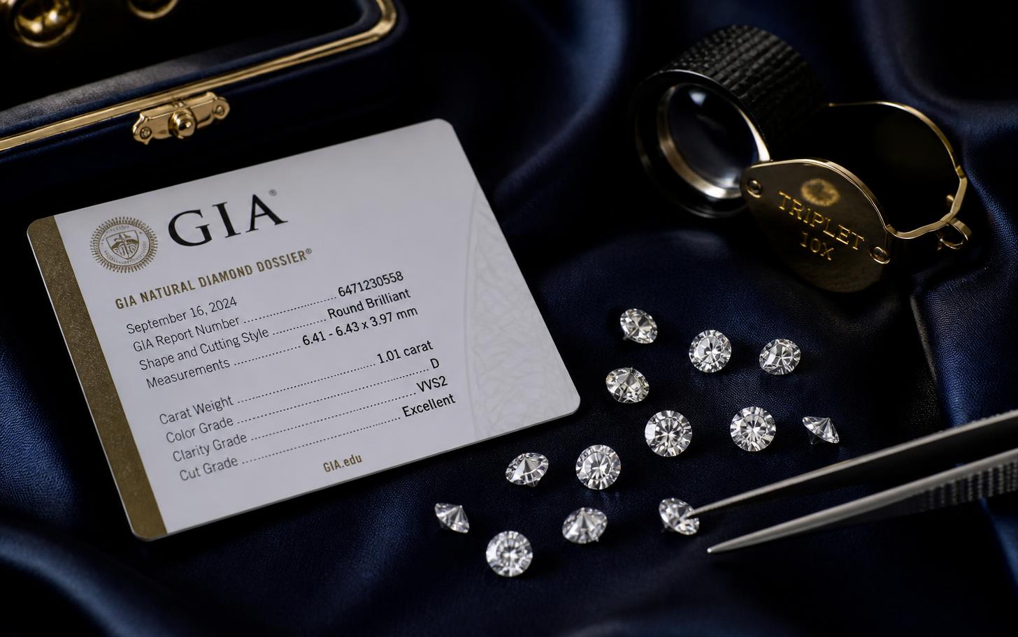 Loose GIA-certified diamonds with a loupe and certificate on navy silk