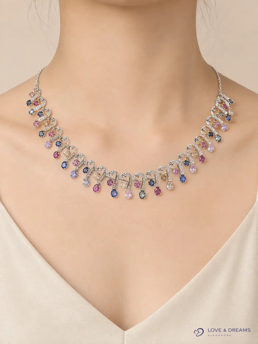 Multicolour Sapphire & Diamond Scroll Necklace
