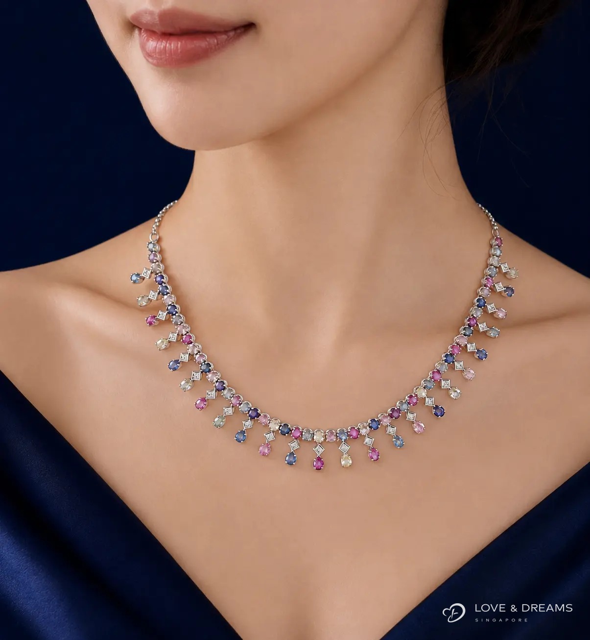 Multicolour Sapphire & Diamond Fringe Necklace