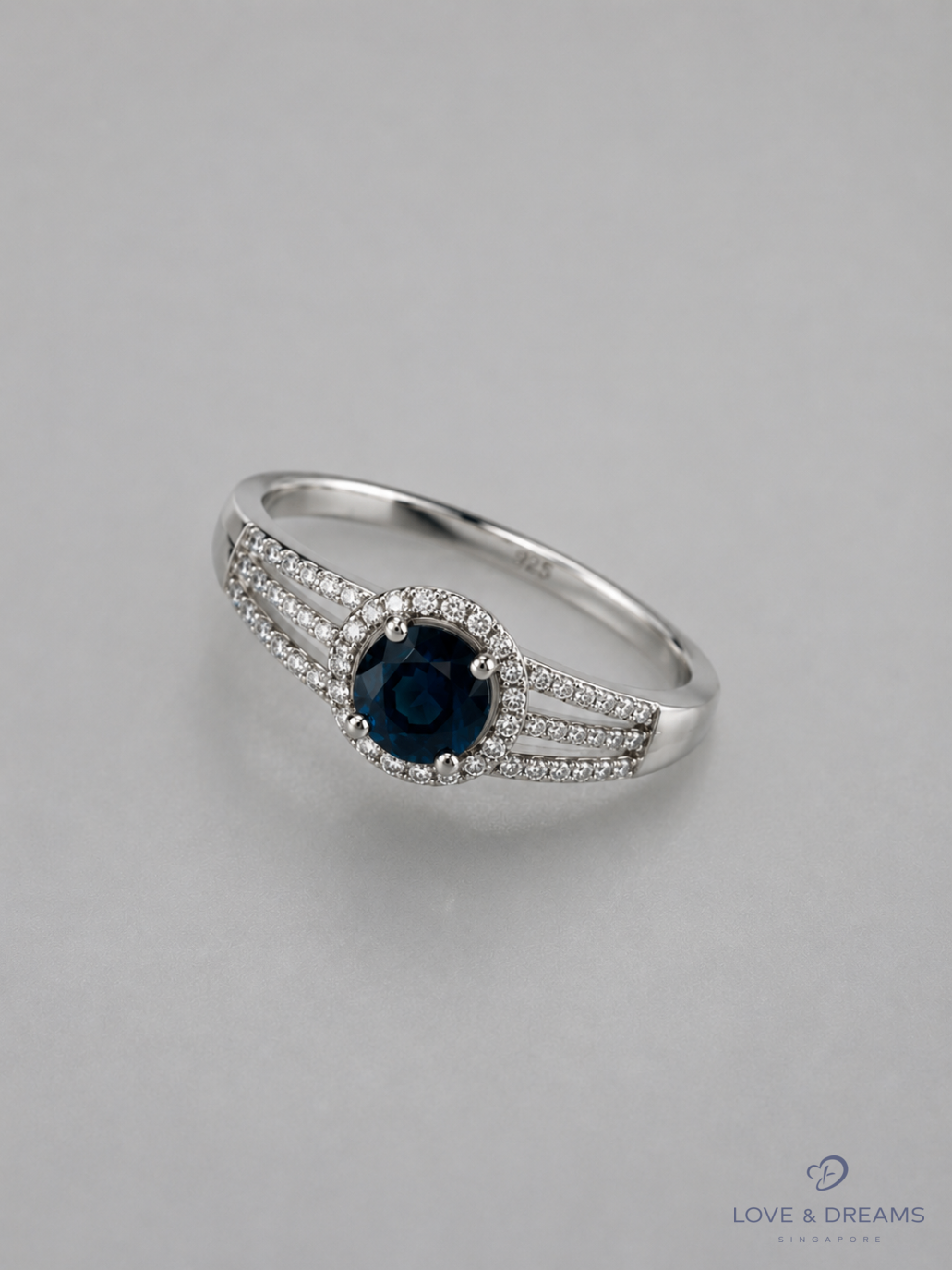 Blue Sapphire Halo Split-Shank Ring
