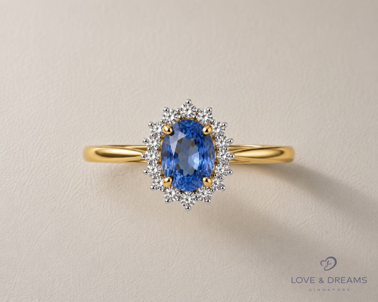 Blue Sapphire Oval Halo Ring — Yellow Gold