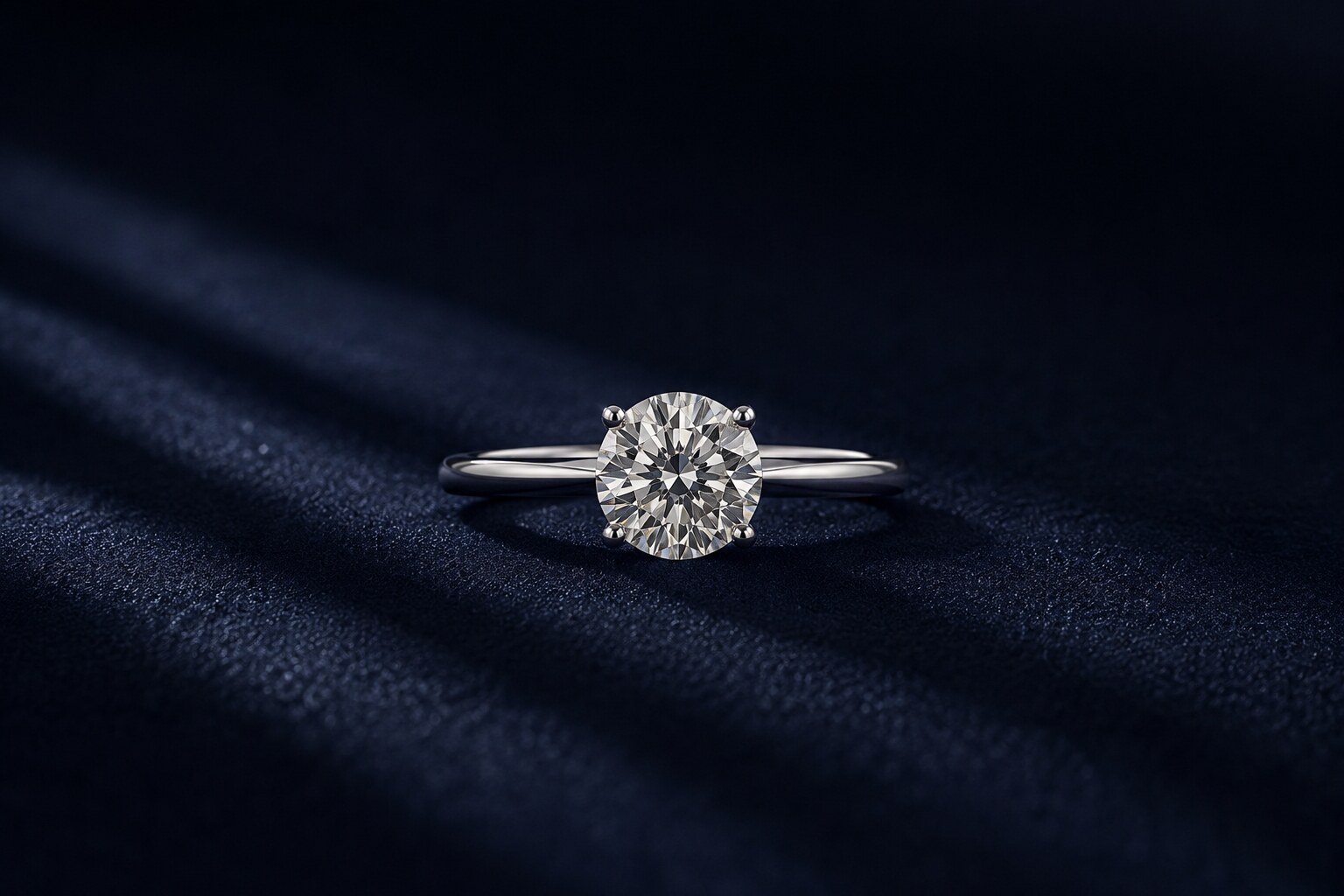 Four-prong diamond solitaire ring in white gold on dark navy fabric