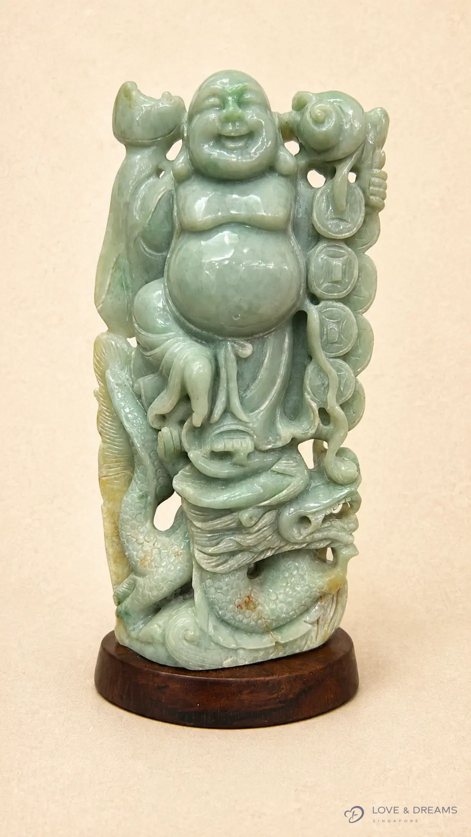 Laughing Buddha with Dragon-Fish Motifs