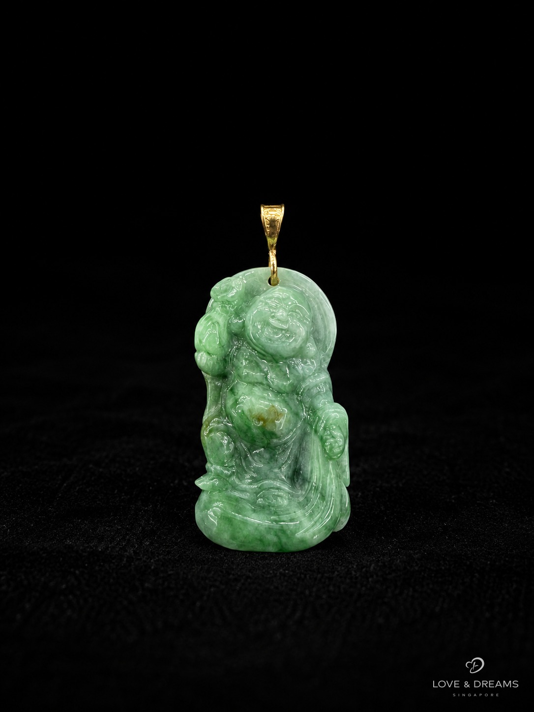 Green Jade Laughing Buddha with Gold Bail